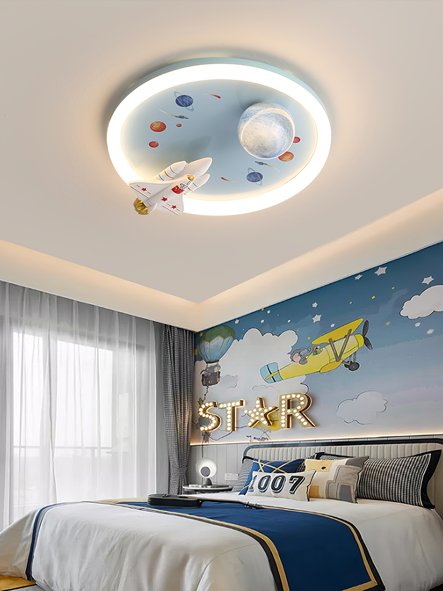 LED Ceiling Light Modern Wood Star Rocket Kids Room Lamp Bedroom Light  Fixture